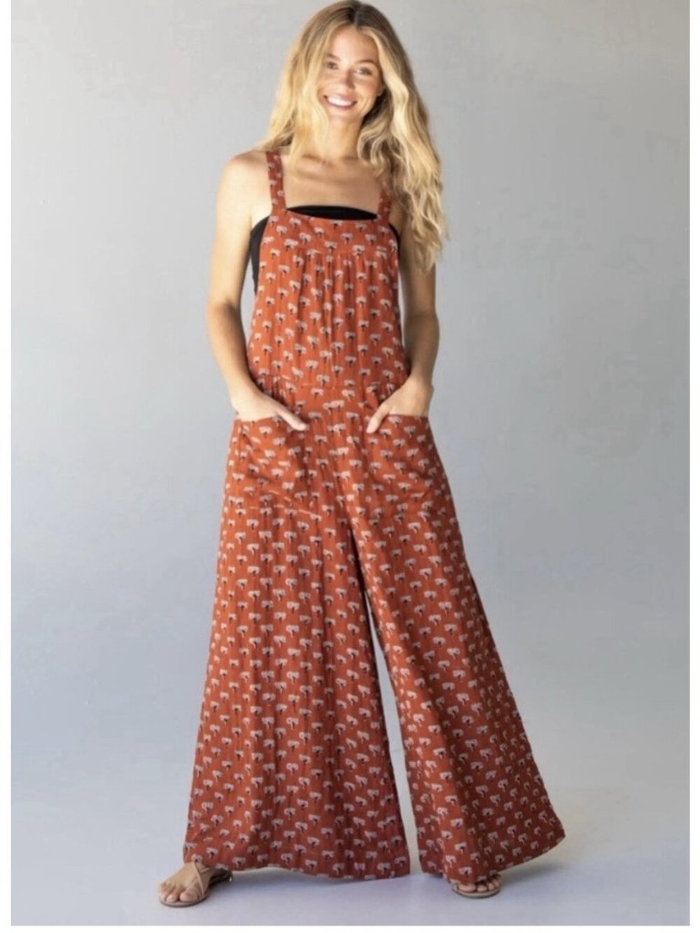 Natural Life Dakota Tie Overall Burnt Orange Wide Leg Jumpsuit Womens M Cotton